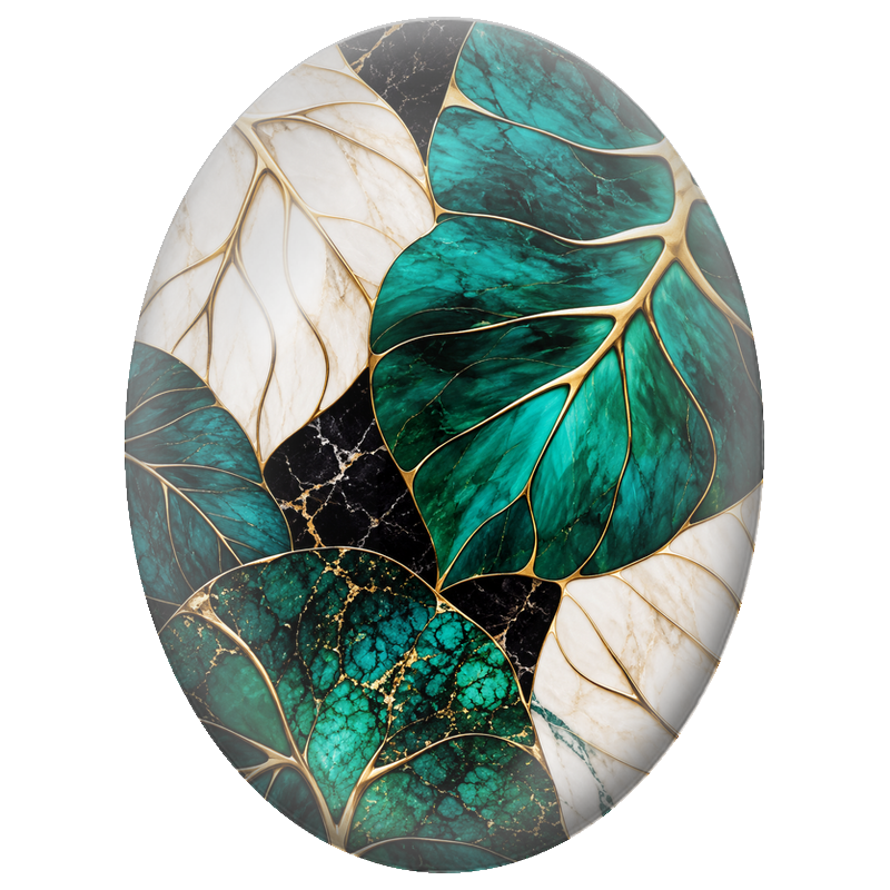 Cabochon en Verre Illustré Feuilles Émeraude Blanches et Dorées 13x18, 18x25 ou 30x40mm