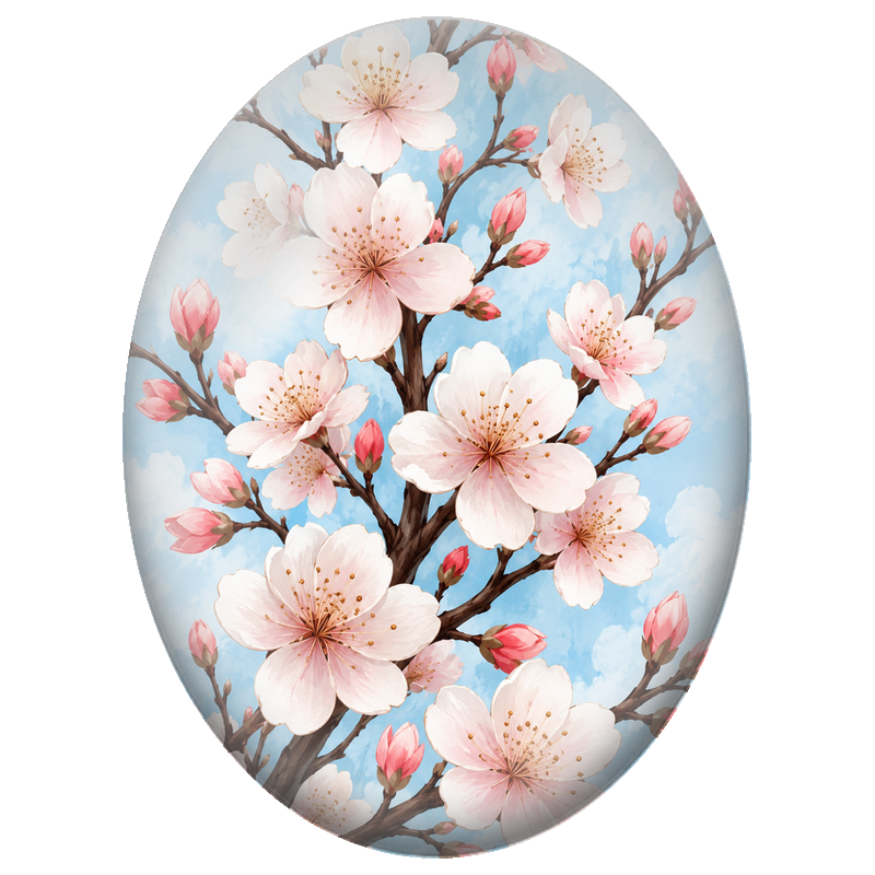 Cabochon en Verre Illustré Fleurs de Cerisier sur Ciel Bleu 13x18, 18x25 ou 30x40mm