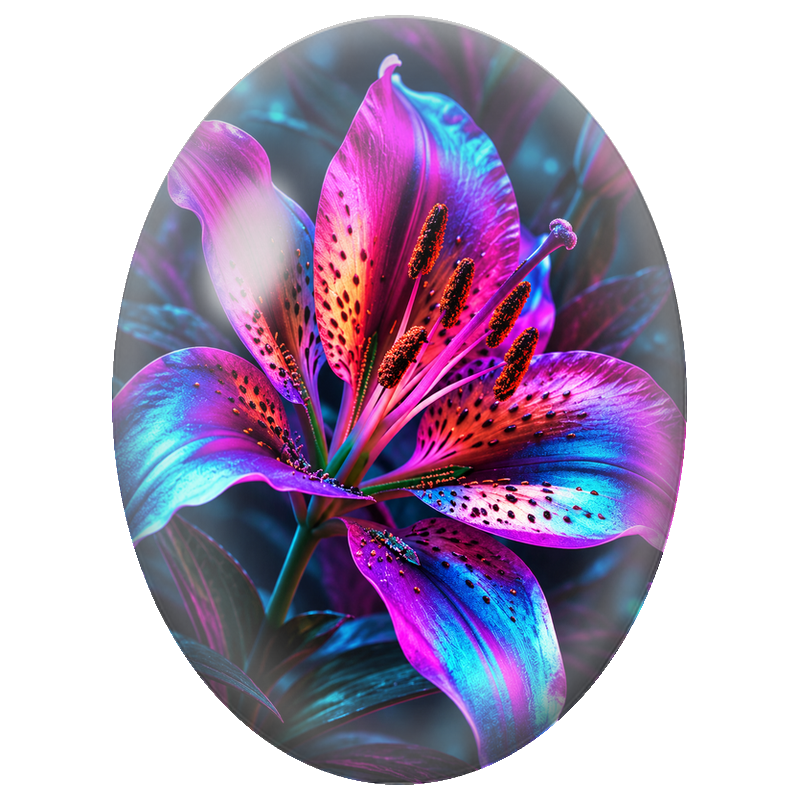 Cabochon en Verre Illustré Lys Néon Bleu et Fuchsia 13x18, 18x25 ou 30x40mm