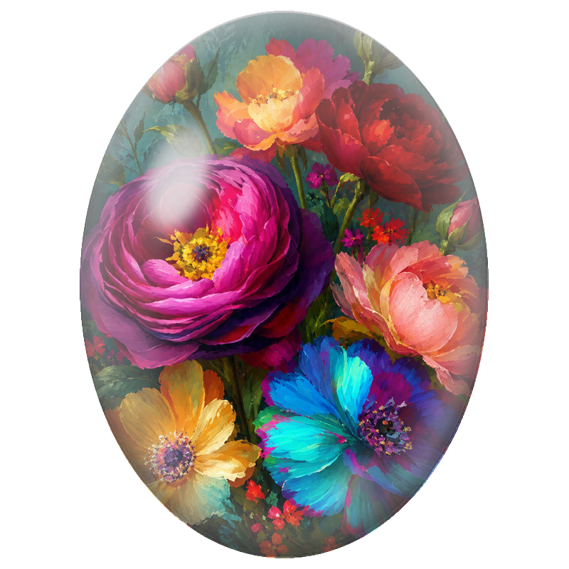 Cabochon en Verre Illustré Pivoines Peintes aux Couleurs Vives 13x18, 18x25 ou 30x40mm