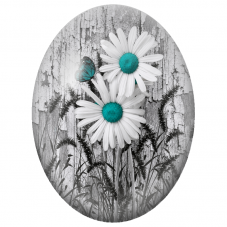 Cabochon en Verre Illustré Marguerites Blanches et Papillon Turquoise 13x18, 18x25 ou 30x40mm - Pour la Création de Bijoux