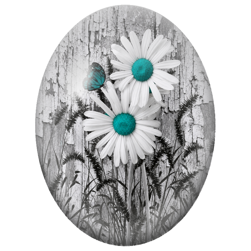 Cabochon en Verre Illustré Marguerites Blanches et Papillon Turquoise 13x18, 18x25 ou 30x40mm
