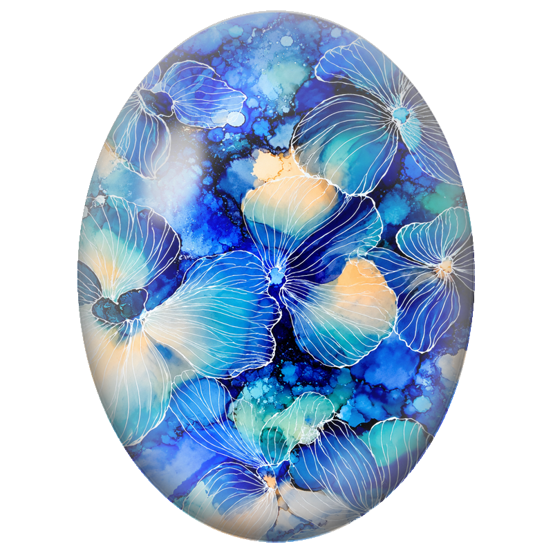 Cabochon en Verre Illustré Fleurs Bleues aux Nervures Blanches 13x18, 18x25 ou 30x40mm