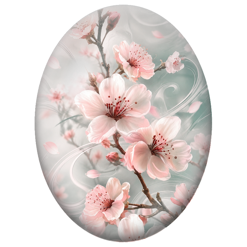 Cabochon en Verre Illustré Fleurs de Cerisier et Volutes Blanches 13x18, 18x25 ou 30x40mm