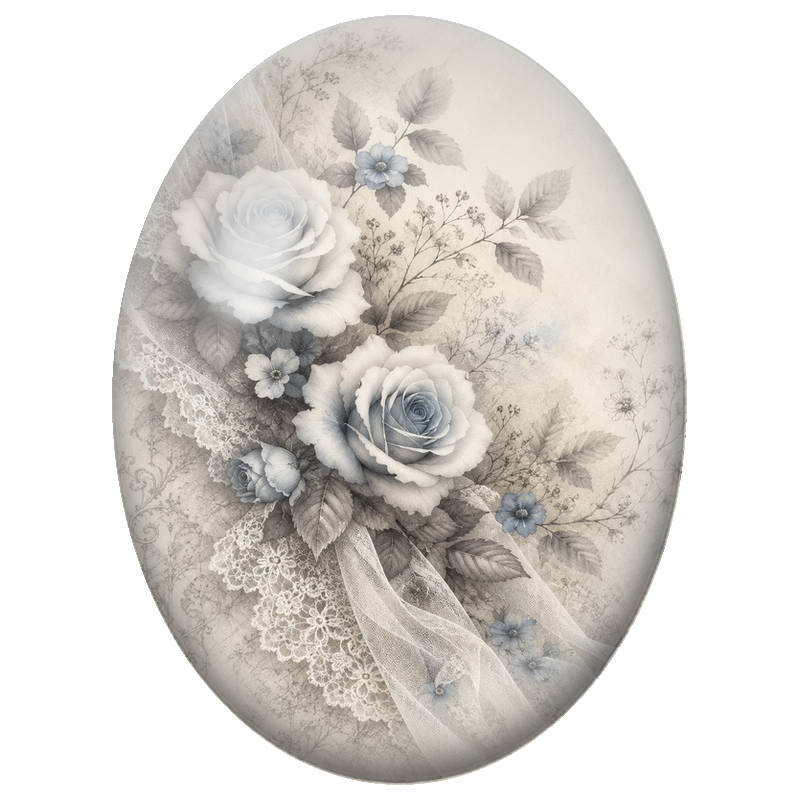 Cabochon en Verre Illustré Roses Grises et Dentelle 13x18, 18x25 ou 30x40mm