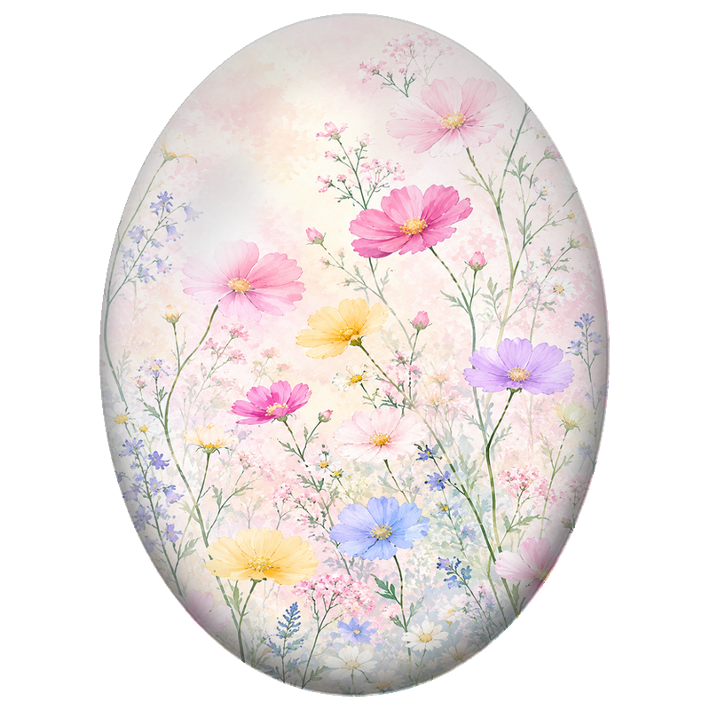 Cabochon en Verre Illustré Prairie de Cosmos Pastel 13x18, 18x25 ou 30x40mm