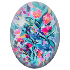 Cabochon en Verre Illustré Fleurs Abstraites Fuchsia et Turquoise 13x18, 18x25 ou 30x40mm - Pour la Création de Bijoux Fantaisie