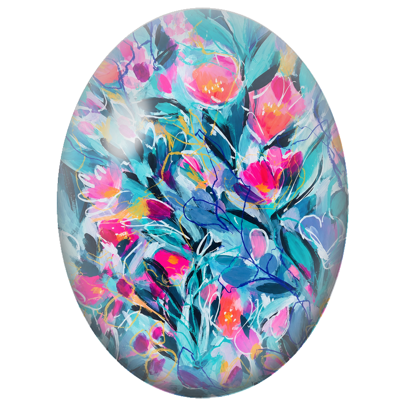 Cabochon en Verre Illustré Fleurs Abstraites Fuchsia et Turquoise 13x18, 18x25 ou 30x40mm