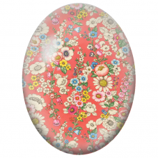 Cabochon en Verre Illustré Fleurs Champêtres sur Fond Corail 13x18, 18x25 ou 30x40mm - Pour la Création de Bijoux Fantaisie