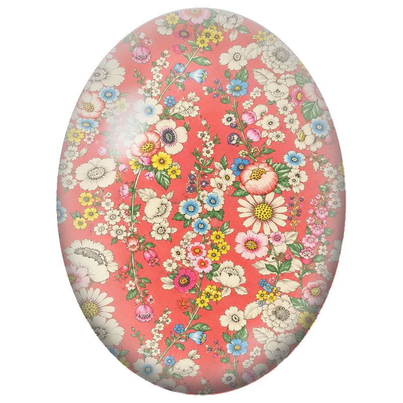 Cabochon en Verre Illustré Fleurs Champêtres sur Fond Corail 13x18, 18x25 ou 30x40mm