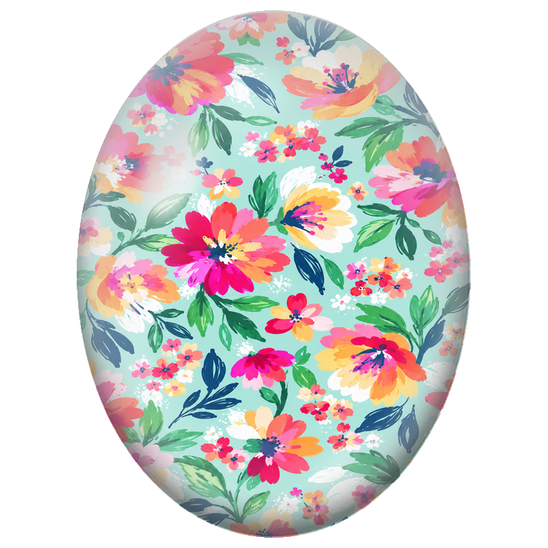 Cabochon en Verre Illustré Fleurs Peintes sur Fond Menthe 13x18, 18x25 ou 30x40mm