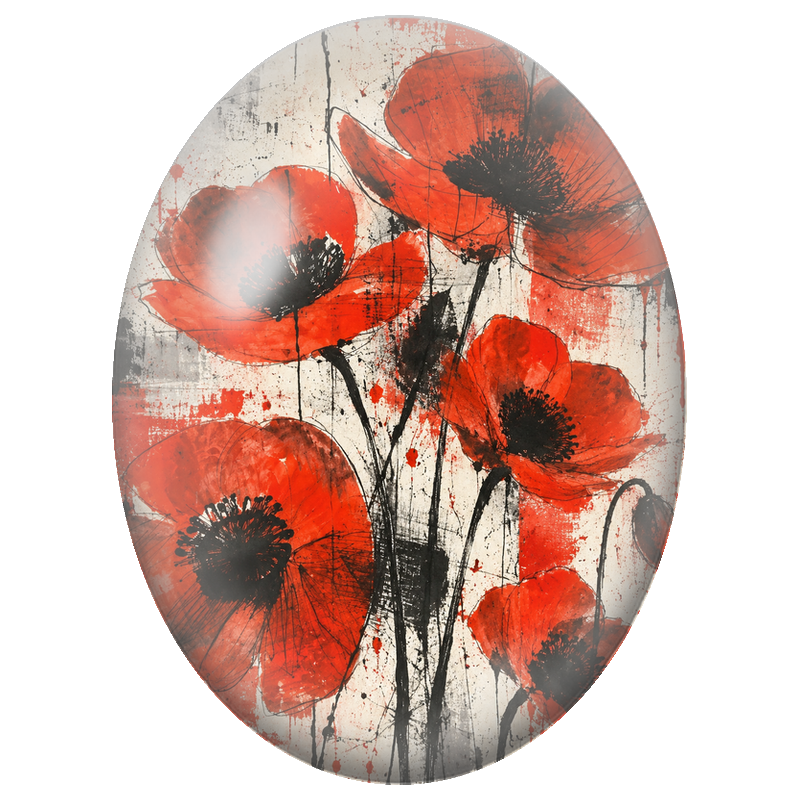Cabochon en Verre Illustré Coquelicots Rouges sur Fond Grunge 13x18, 18x25 ou 30x40mm