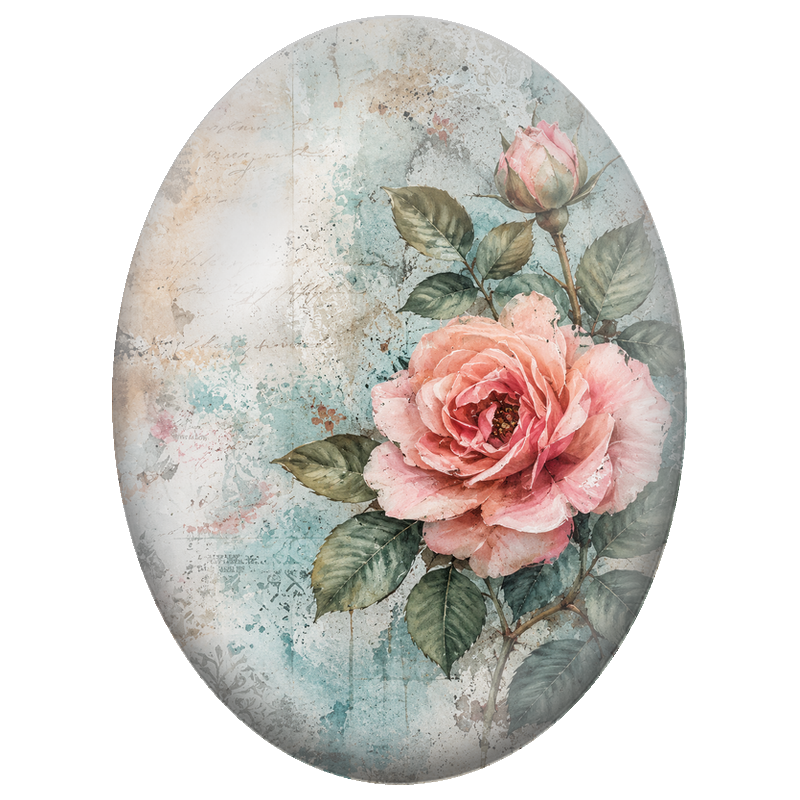 Cabochon en Verre Illustré Rose Rose sur Fond Turquoise Vintage 13x18, 18x25 ou 30x40mm