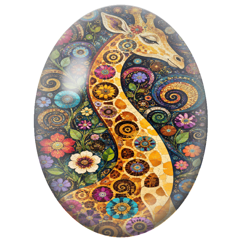 Cabochon en Verre Illustré Girafe en Mosaïque Fleurie 13x18, 18x25 ou 30x40mm