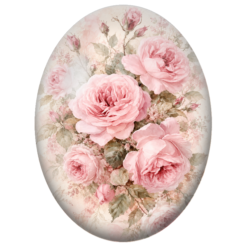 Cabochon en Verre Illustré Pivoines Rose Poudré Vintage 13x18, 18x25 ou 30x40mm