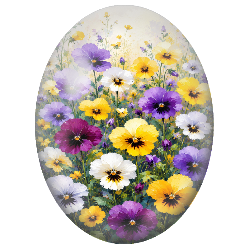 Cabochon en Verre Illustré Prairie de Pensées Jaunes et Violettes 13x18, 18x25 ou 30x40mm