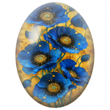 Cabochon en Verre Illustré Coquelicots Bleus sur Fond Doré 13x18, 18x25 ou 30x40mm - Pour la Création de Bijoux Fantaisie - DIY