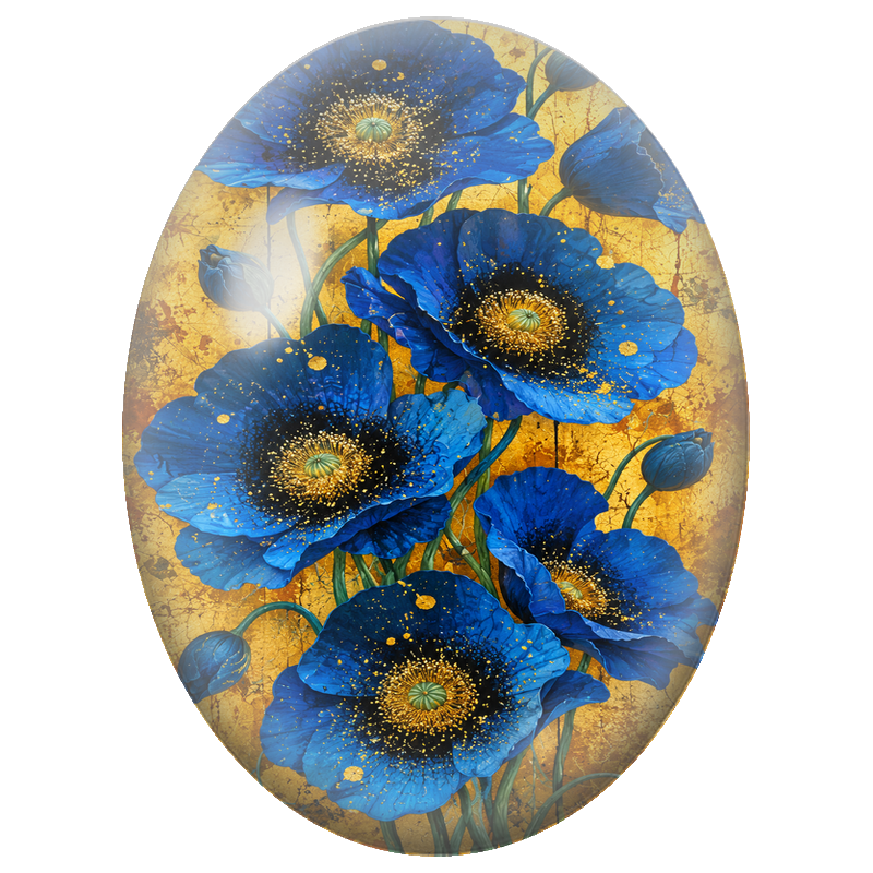 Cabochon en Verre Illustré Coquelicots Bleus sur Fond Doré 13x18, 18x25 ou 30x40mm