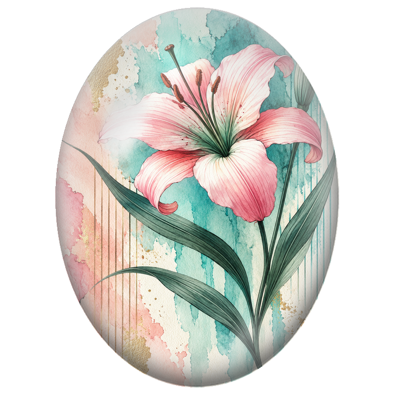 Cabochon en Verre Illustré Lys Rose sur Fond Turquoise et Or 13x18, 18x25 ou 30x40mm