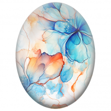 Cabochon en Verre Illustré Fleurs Bleues et Pêche Effet Encre 13x18, 18x25 ou 30x40mm - Pour la Création de Bijoux Fantaisie