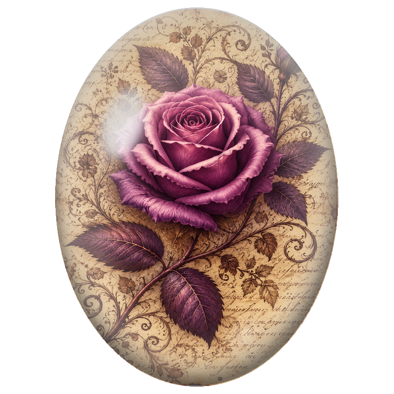 Cabochon en Verre Illustré Rose Violette sur Manuscrit Ancien 13x18, 18x25 ou 30x40mm