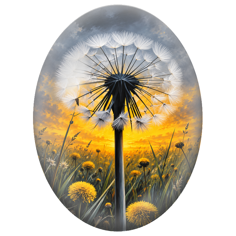 Cabochon en Verre Illustré Pissenlit Géant au Coucher du Soleil 13x18, 18x25 ou 30x40mm