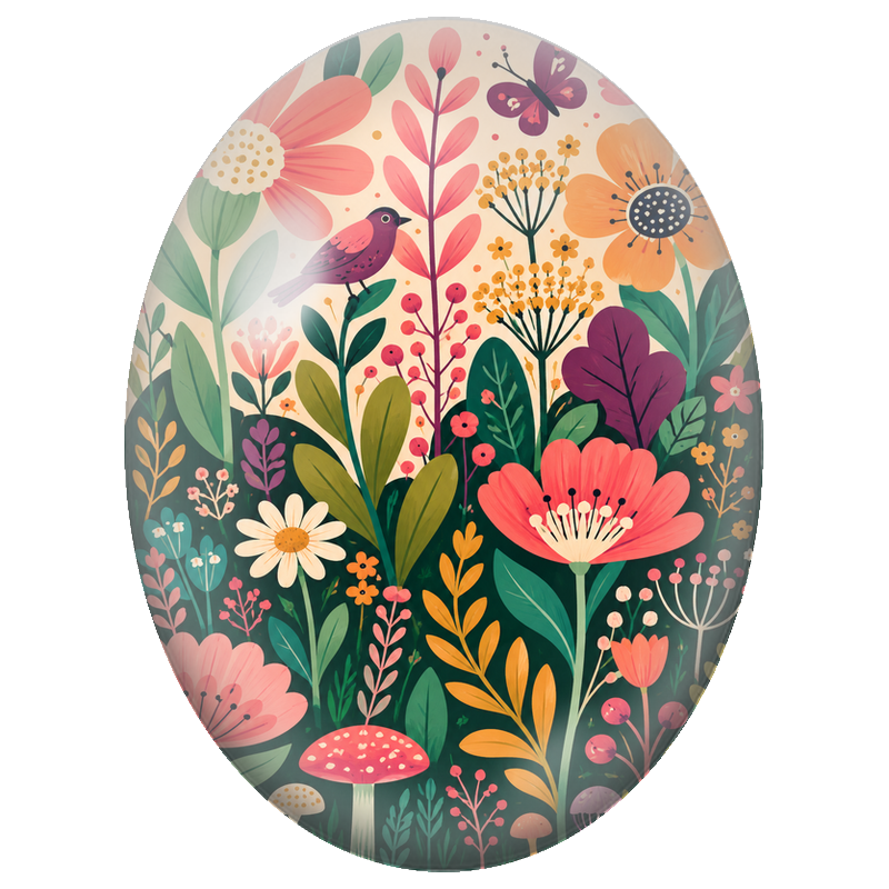 Cabochon en Verre Illustré Oiseau dans un Jardin Folk 13x18, 18x25 ou 30x40mm