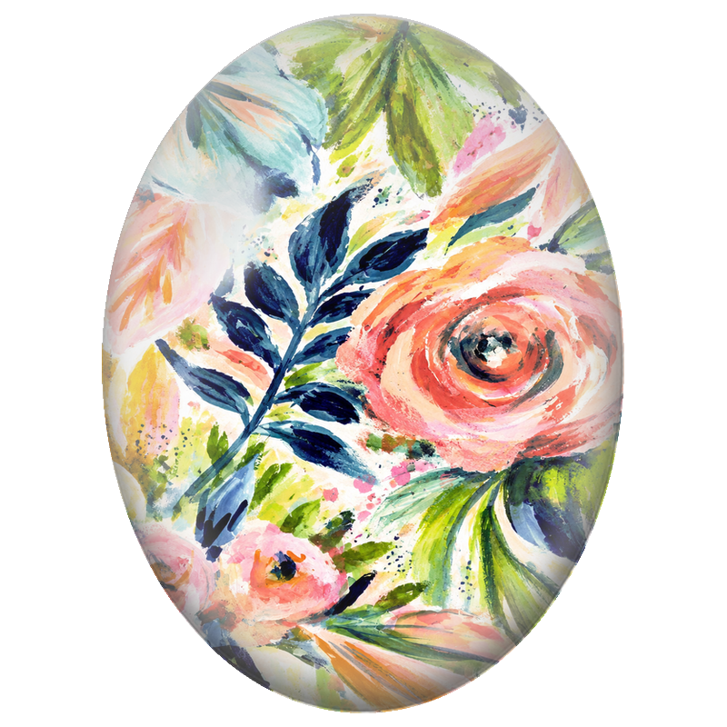 Cabochon en Verre Illustré Roses Pêche Peintes à la Main 13x18, 18x25 ou 30x40mm