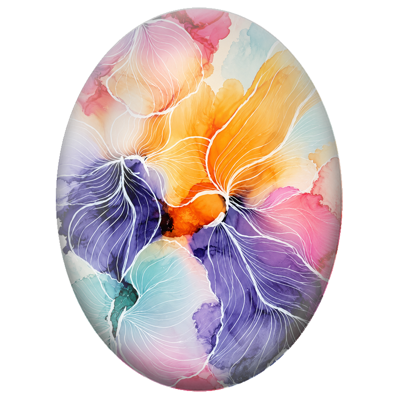 Cabochon en Verre Illustré Fleurs Transparentes Orange et Violet 13x18, 18x25 ou 30x40mm