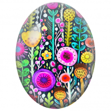 Cabochon en Verre Illustré Jardin Folk sur Fond Noir 13x18, 18x25 ou 30x40mm - Pour la Création de Bijoux Fantaisie - DIY