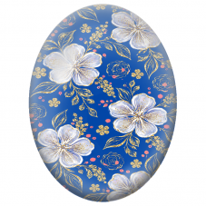 Cabochon en Verre Illustré Fleurs Blanches et Or sur Fond Bleu 13x18, 18x25 ou 30x40mm - Pour la Création de Bijoux Fantaisie