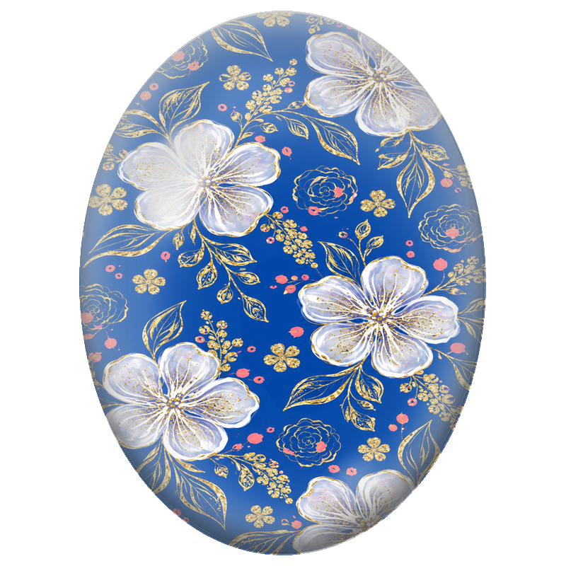 Cabochon en Verre Illustré Fleurs Blanches et Or sur Fond Bleu 13x18, 18x25 ou 30x40mm