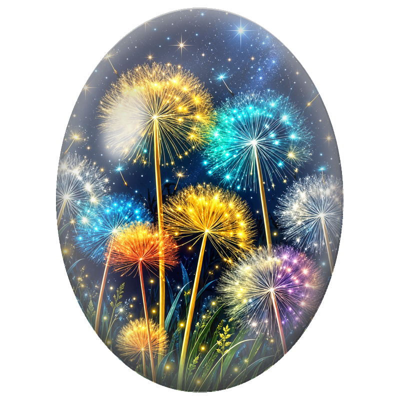 Cabochon en Verre Illustré Pissenlits Lumineux sous les Étoiles 13x18, 18x25 ou 30x40mm