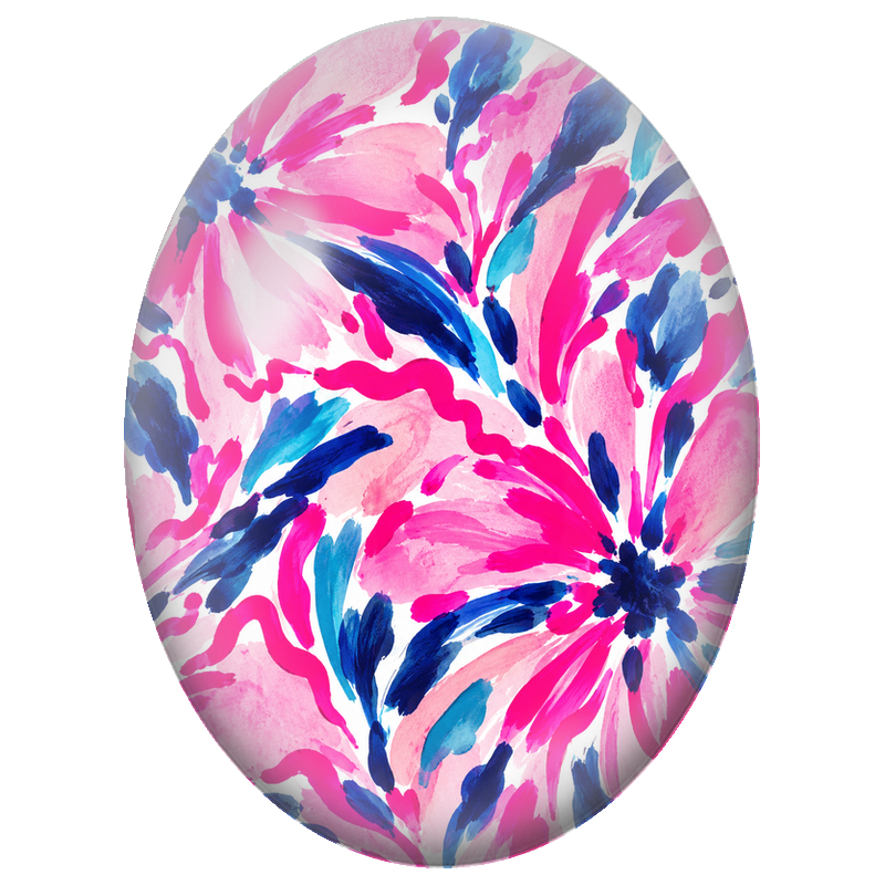 Cabochon en Verre Illustré Grandes Fleurs Roses et Bleues Peintes 13x18, 18x25 ou 30x40mm