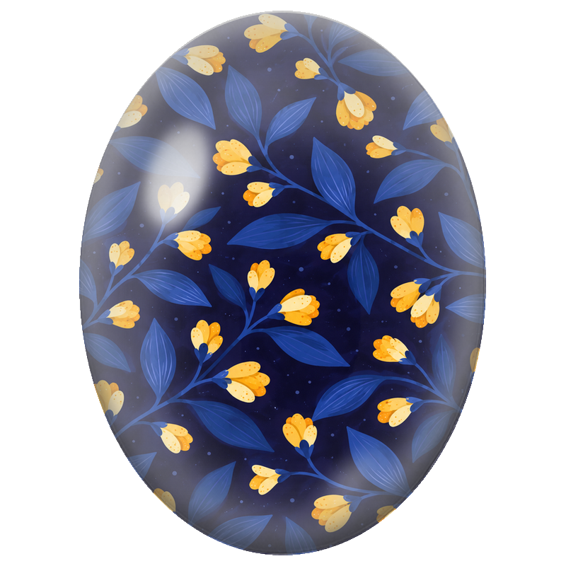 Cabochon en Verre Illustré Petites Fleurs Jaunes sur Fond Bleu Nuit 13x18, 18x25 ou 30x40mm