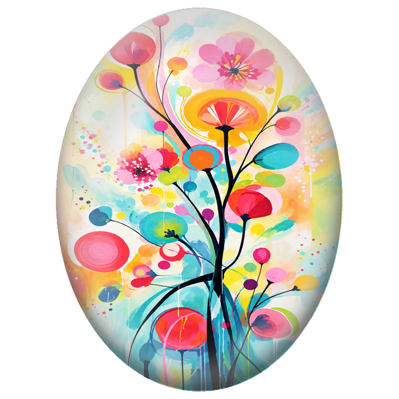 Cabochon en Verre Illustré Jardin Abstrait aux Fleurs Colorées 13x18, 18x25 ou 30x40mm