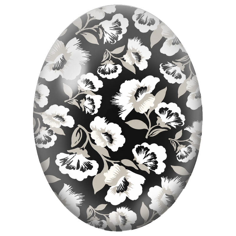 Cabochon en Verre Illustré Fleurs Blanches sur Fond Noir Graphique 13x18, 18x25 ou 30x40mm