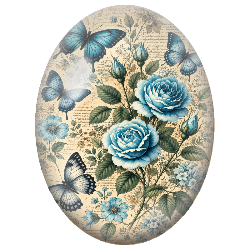 Cabochon en Verre Illustré Roses Bleues et Papillons Vintage 13x18, 18x25 ou 30x40mm