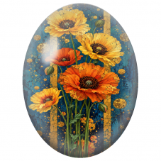 Cabochon en Verre Illustré Coquelicots Jaunes et Orange sur Fond Bleu 13x18, 18x25 ou 30x40mm - Pour la Création de Bijoux