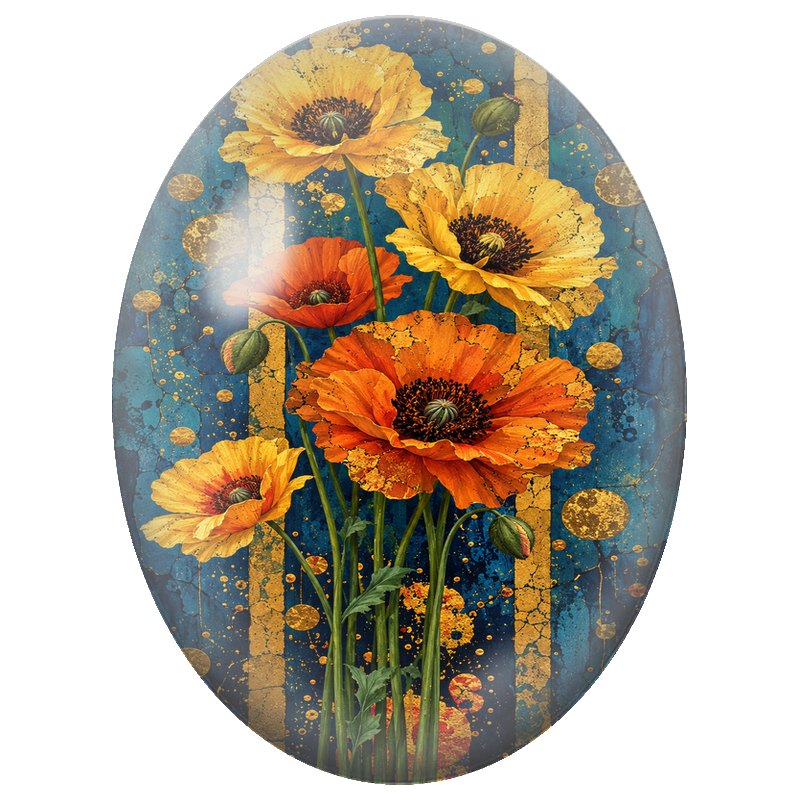 Cabochon en Verre Illustré Coquelicots Jaunes et Orange sur Fond Bleu 13x18, 18x25 ou 30x40mm