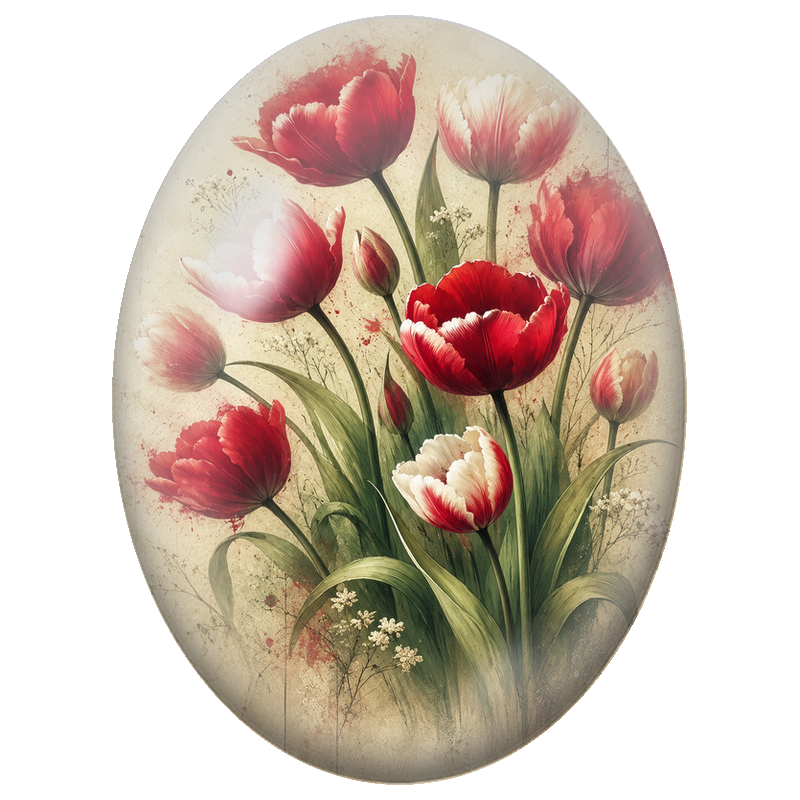 Cabochon en Verre Illustré Tulipes Rouges et Blanches Vintage 13x18, 18x25 ou 30x40mm
