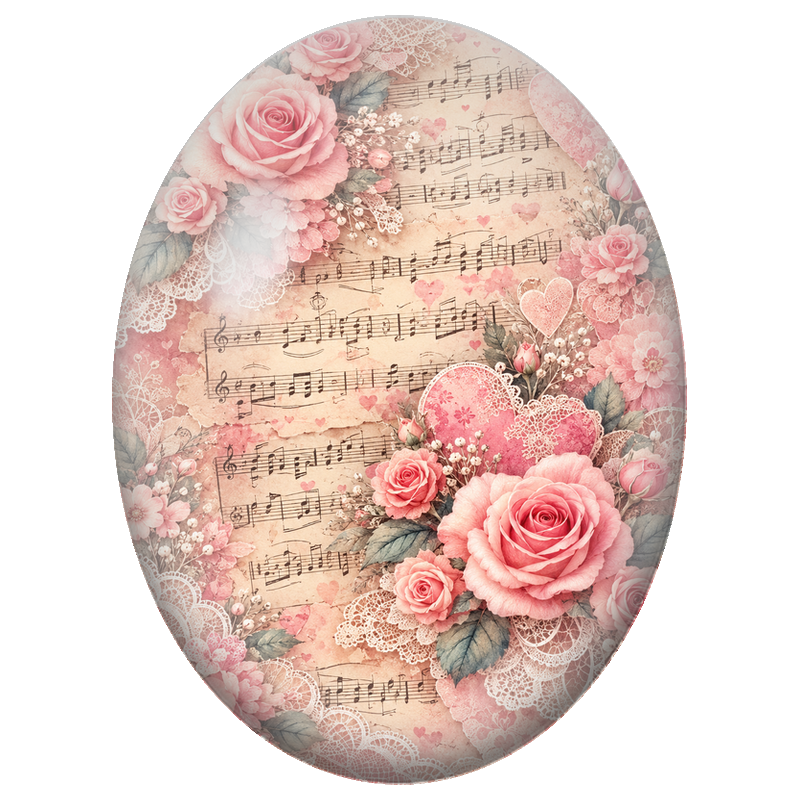 Cabochon en Verre Illustré Roses Roses Dentelle et Partition 13x18, 18x25 ou 30x40mm