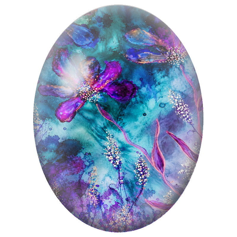 Cabochon en Verre Illustré Fleurs Violettes dans un Océan d’Encre 13x18, 18x25 ou 30x40mm