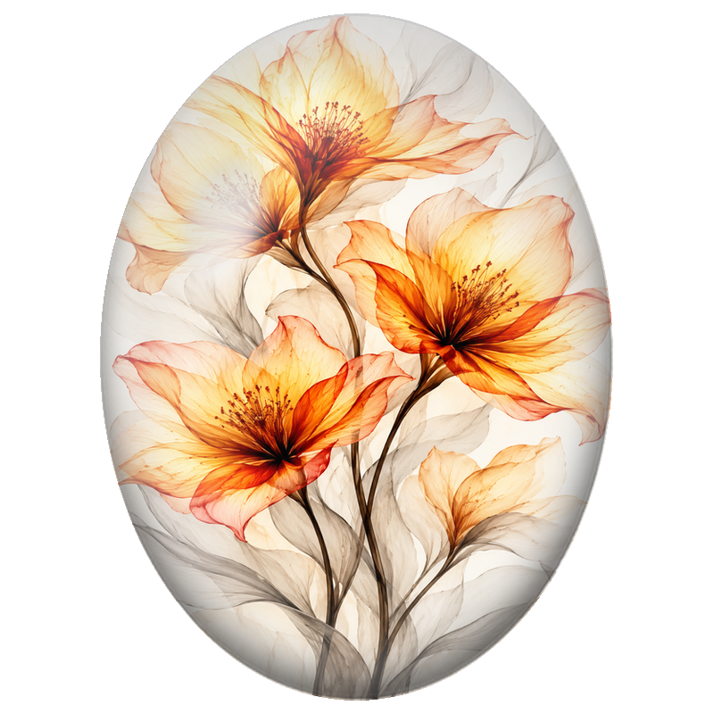 Cabochon en Verre Illustré Fleurs Orange Transparentes 13x18, 18x25 ou 30x40mm