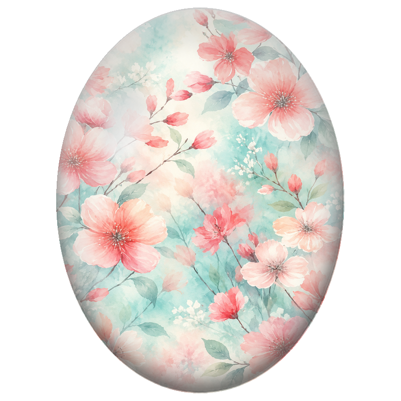 Cabochon en Verre Illustré Fleurs de Cerisier Rose Corail à l’Aquarelle 13x18, 18x25 ou 30x40mm
