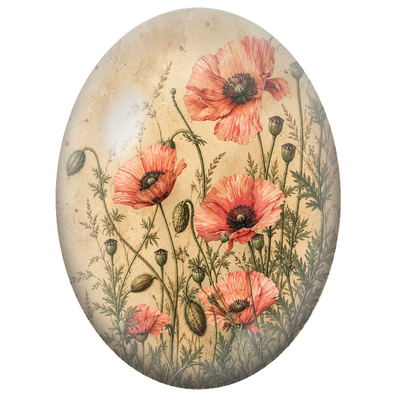 Cabochon en Verre Illustré Coquelicots Corail sur Papier Ancien 13x18, 18x25 ou 30x40mm