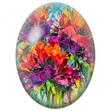 Cabochon en Verre Illustré Fleurs Rouges et Violettes Effet Encre 13x18, 18x25 ou 30x40mm - Pour la Création de Bijoux Fantaisie
