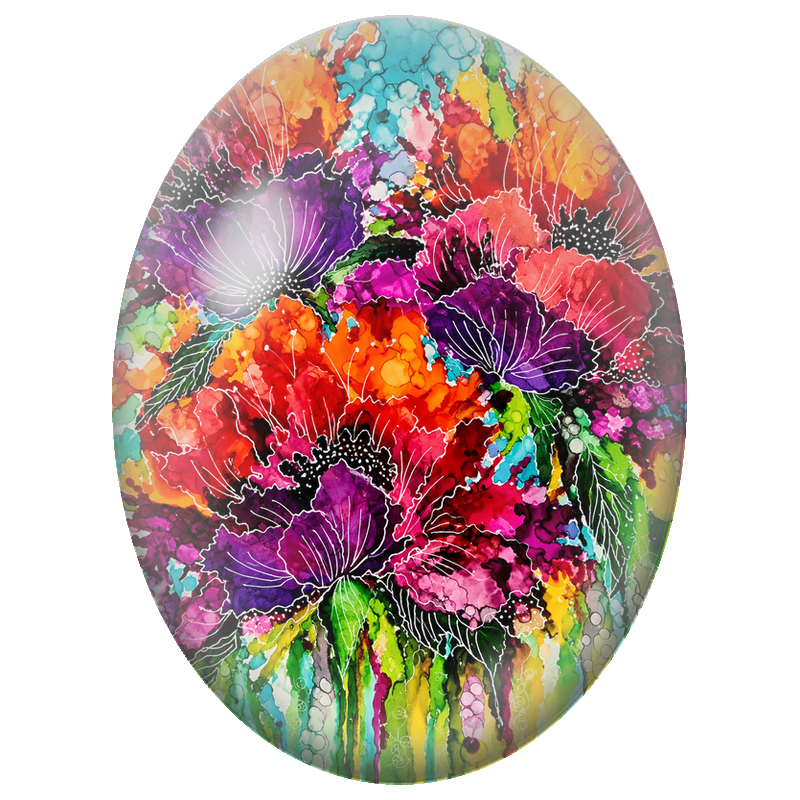 Cabochon en Verre Illustré Fleurs Rouges et Violettes Effet Encre 13x18, 18x25 ou 30x40mm