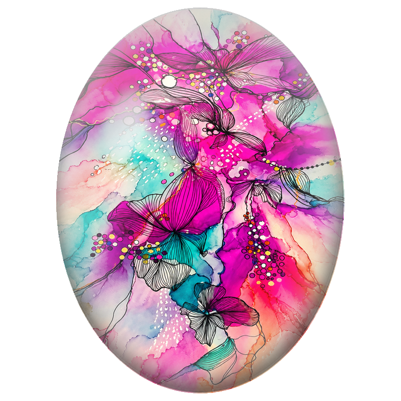 Cabochon en Verre Illustré Fleurs Fuchsia au Trait Noir 13x18, 18x25 ou 30x40mm