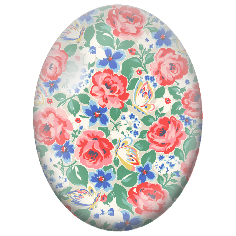Cabochon en Verre Illustré Roses Corail et Papillons Rétro 13x18, 18x25 ou 30x40mm